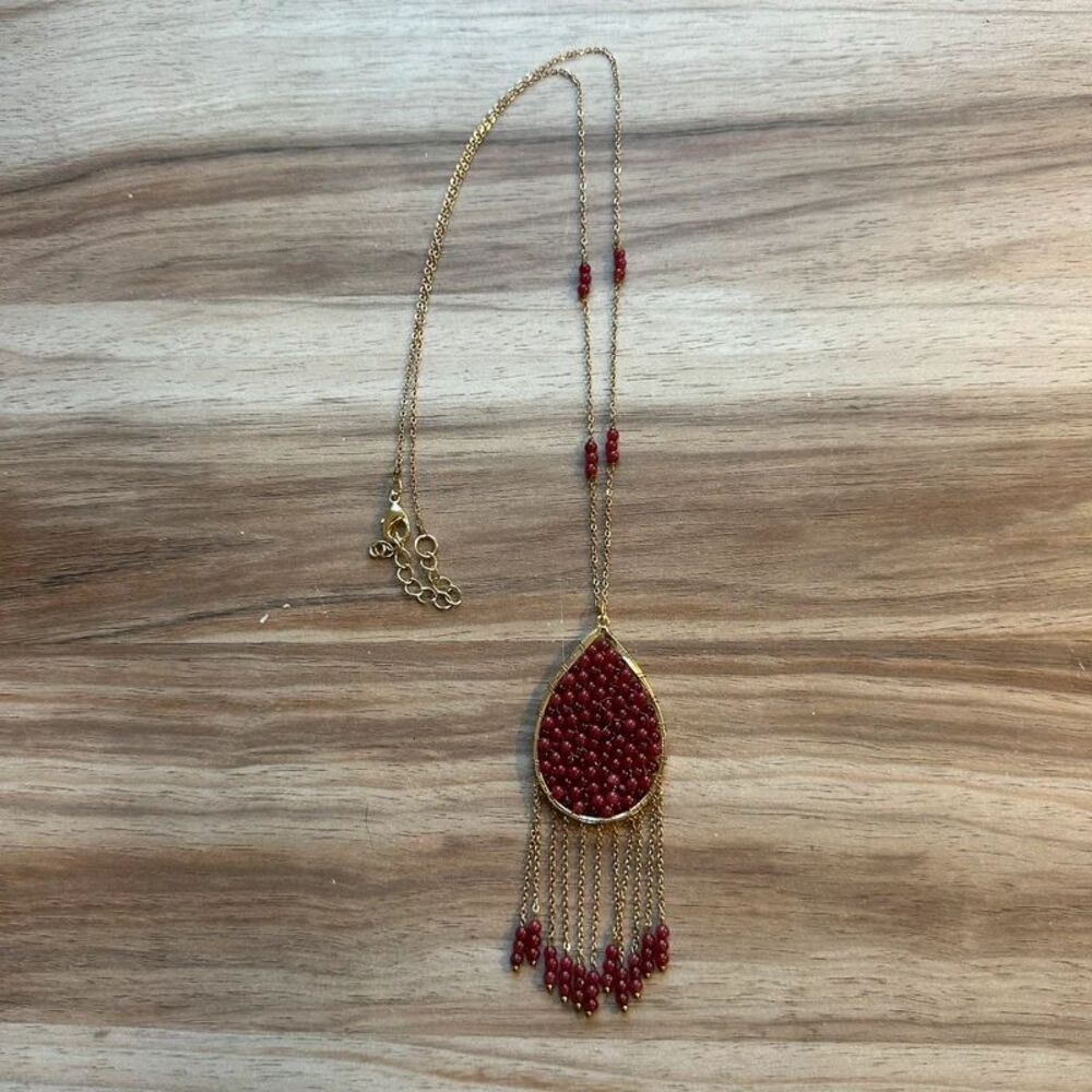 Aztec Tribal Red Beaded Necklace Gold Tone Teardrop Tassel Handmade Boho Jewelry